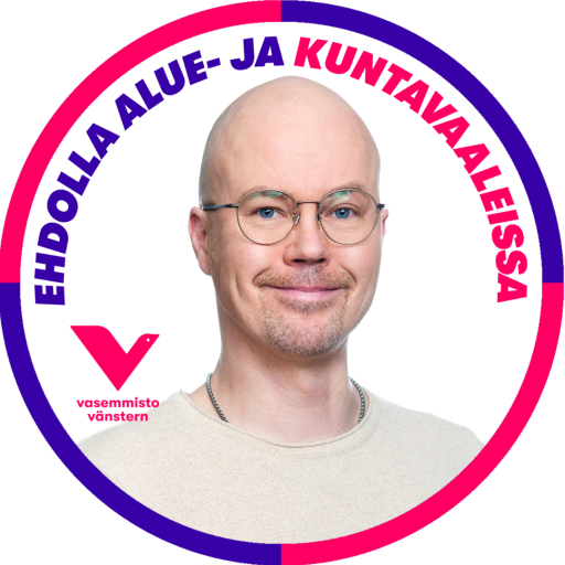 Profiilikuva kehyksellä, jossa lukee "Ehdolla kunta- ja aluevaaleissa". Vasemmistoliiton logo.